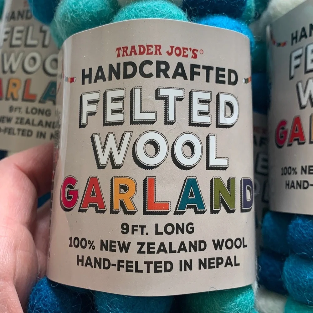 Handcrafted Felted Wool Garland - Blue, teal, and White 9 feet long